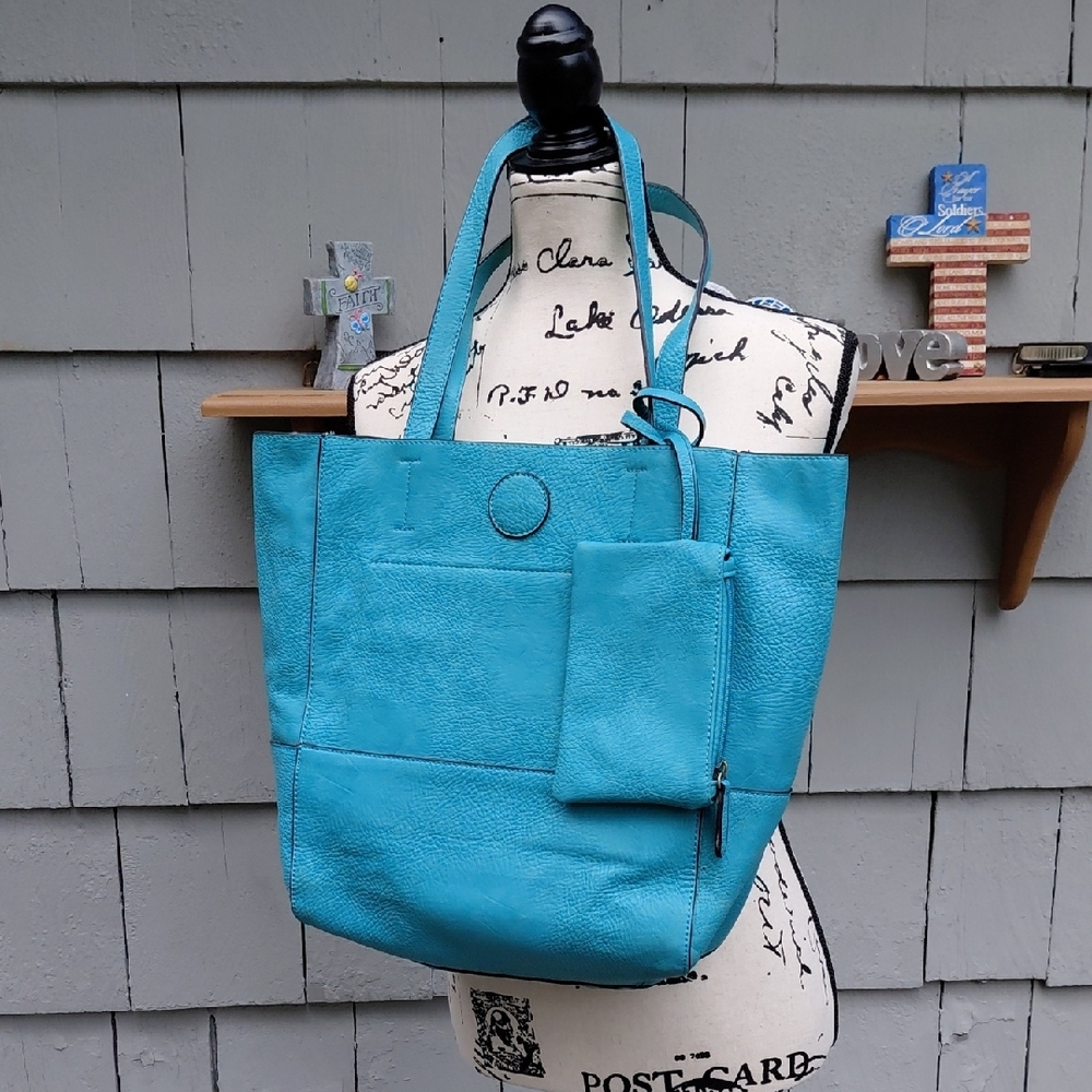 Turquoise Faux Leather Tote Bag